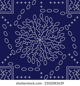 Stich japanische Stickerei Sashiko Muster abstrakt nahtlose geometrische Ornamente weiß Stich Linie Kunstwerk Indigo blau Hintergrund Vektor Design Vorlage Dekoration Mandala
