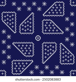 Stitch Japanese embroidery Sashiko pattern abstract seamless geometric ornaments white stitch line artwork indigo blue background vector design template decoration stae shape 
