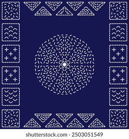 Stich japanische Stickerei Sashiko Muster abstrakt nahtlose geometrische Ornamente weiß Stich Linie Kunstwerk Indigo blau Hintergrund Vektor Design Vorlage Dekoration Mandala
