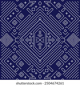 Stitch Japanese embroidery Sashiko pattern abstract seamless geometric ornaments white stitch line artwork indigo blue background vector design template decoration
