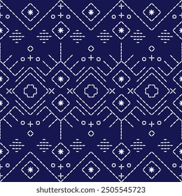 Stitch Japanese embroidery Sashiko pattern abstract seamless geometric ornaments white stitch line artwork indigo blue background vector design template decoration hand drawn print needle work quilt 