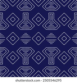 Stitch Japanese embroidery Sashiko pattern abstract seamless geometric ornaments white stitch line artwork indigo blue background vector design template decoration hand drawn print needle work quilt 