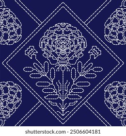 Stitch Japanese embroidery Sashiko pattern abstract seamless geometric ornaments white stitch line artwork indigo blue background vector design template decoration hand drawn print needle work quilt