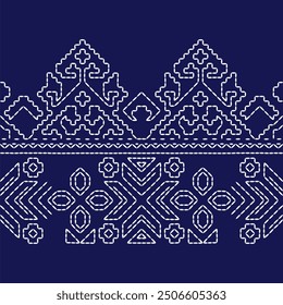 Stitch Japanese embroidery Sashiko pattern abstract seamless geometric ornaments white stitch line artwork indigo blue background vector design template decoration hand drawn print needle work quilt