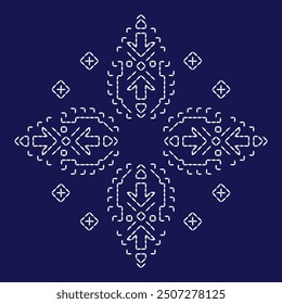 Stitch Japanese embroidery Sashiko pattern abstract seamless geometric ornaments white stitch line artwork indigo blue background vector design template decoration hand drawn print needle work quilt 
