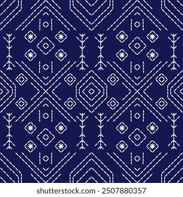 Stitch Japanese embroidery Sashiko pattern abstract seamless geometric ornaments white stitch line artwork indigo blue background vector design template decoration hand drawn print needle work quilt 
