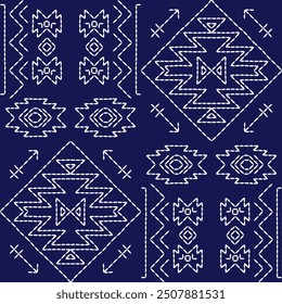 Stitch Japanese embroidery Sashiko pattern abstract seamless geometric ornaments white stitch line artwork indigo blue background vector design template decoration hand drawn print needle work quilt 
