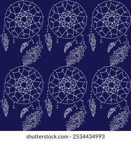 stitch Japanese Sashiko pattern embroidery dream catcher seamless geometric ornament white stitch line artwork indigo blue background fashion design template decoration  print needlework quilt 