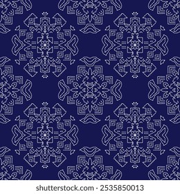 ponto japonês Sashiko padrão bordado abstrato ornamentos geométricos sem costura branco linha artwork indigo azul fundo moda design modelo decoração mão desenhada impressão agulha colcha 
