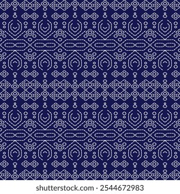 ponto japonês Sashiko padrão bordado abstrato ornamentos geométricos sem costura branco linha artwork indigo azul fundo moda design modelo decoração mão desenhada agulha impressa colcha