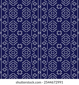 stitch Japanese Sashiko pattern embroidery abstract seamless geometric ornaments white stitch line artwork indigo blue background fashion design template decoration hand drawn printed needlework quilt