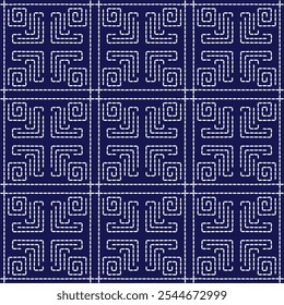 stitch Japanese Sashiko pattern embroidery abstract seamless geometric ornaments white stitch line artwork indigo blue background fashion design template decoration hand drawn printed needlework quilt