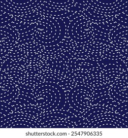 bordado de patrón Sashiko japonés bordado abstracto adornos geométricos sin costura línea de puntada blanca ilustración de fondo azul índigo diseño de moda decoración de Plantilla colcha de costura impresa dibujada a mano