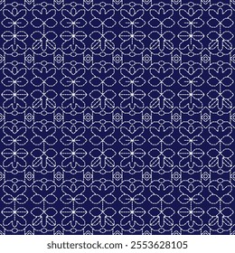 stitch Japanese Sashiko pattern embroidery abstract seamless geometric ornaments white stitch line artwork indigo blue background fashion design template decoration hand drawn printed needlework quilt