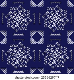 stitch Japanese Sashiko pattern embroidery abstract seamless geometric ornaments white stitch line artwork indigo blue background fashion design template decoration hand drawn printed needlework quilt