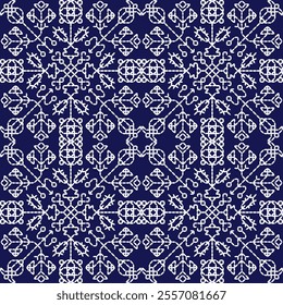 stitch Japanese Sashiko pattern embroidery abstract seamless geometric ornaments white stitch line artwork indigo blue background fashion design template decoration hand drawn printed needlework quilt