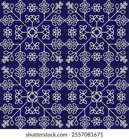 stitch Japanese Sashiko pattern embroidery abstract seamless geometric ornaments white stitch line artwork indigo blue background fashion design template decoration hand drawn printed needlework quilt