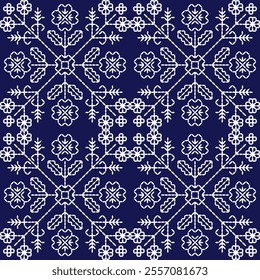 stitch Japanese Sashiko pattern embroidery abstract seamless geometric ornaments white stitch line artwork indigo blue background fashion design template decoration hand drawn printed needlework quilt