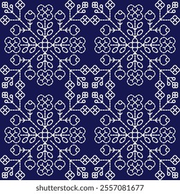 stitch Japanese Sashiko pattern embroidery abstract seamless geometric ornaments white stitch line artwork indigo blue background fashion design template decoration hand drawn printed needlework quilt