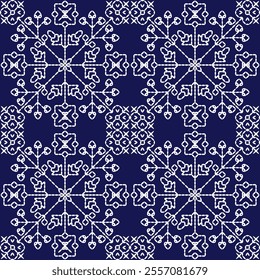 stitch Japanese Sashiko pattern embroidery abstract seamless geometric ornaments white stitch line artwork indigo blue background fashion design template decoration hand drawn printed needlework quilt