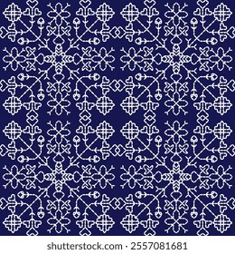 stitch Japanese Sashiko pattern embroidery abstract seamless geometric ornaments white stitch line artwork indigo blue background fashion design template decoration hand drawn printed needlework quilt