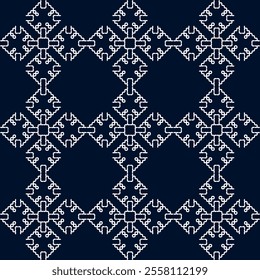 stitch Japanese Sashiko pattern embroidery abstract seamless geometric ornaments white stitch line artwork indigo blue background fashion design template decoration hand drawn printed needlework quilt