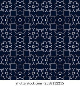 stitch Japanese Sashiko pattern embroidery abstract seamless geometric ornaments white stitch line artwork indigo blue background fashion design template decoration hand drawn printed needlework quilt