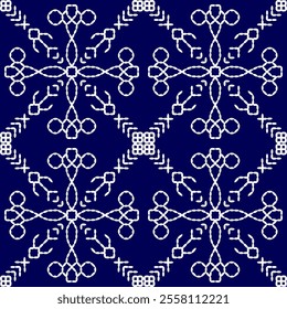 stitch Japanese Sashiko pattern embroidery abstract seamless geometric ornaments white stitch line artwork indigo blue background fashion design template decoration hand drawn printed needlework quilt