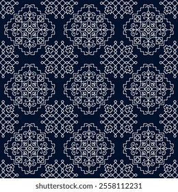 stitch Japanese Sashiko pattern embroidery abstract seamless geometric ornaments white stitch line artwork indigo blue background fashion design template decoration hand drawn printed needlework quilt