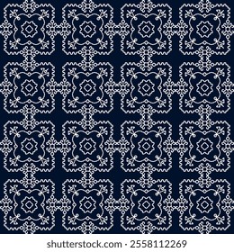 stitch Japanese Sashiko pattern embroidery abstract seamless geometric ornaments white stitch line artwork indigo blue background fashion design template decoration hand drawn printed needlework quilt