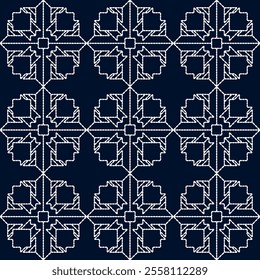 stitch Japanese Sashiko pattern embroidery abstract seamless geometric ornaments white stitch line artwork indigo blue background fashion design template decoration hand drawn printed needlework quilt