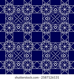 stitch Japanese Sashiko pattern embroidery abstract seamless geometric ornaments white stitch line artwork indigo blue background fashion design template decoration hand drawn printed needlework quilt