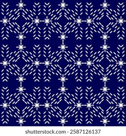 stitch Japanese Sashiko pattern embroidery abstract seamless geometric ornaments white stitch line artwork indigo blue background fashion design template decoration hand drawn printed needlework quilt