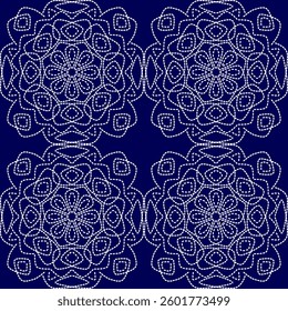 stitch Japanese Sashiko pattern embroidery abstract seamless geometric ornaments white stitch line artwork indigo blue background fashion design template decoration hand drawn printed needlework quilt