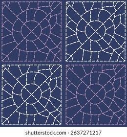 stitch Japanese Sashiko pattern embroidery abstract seamless geometric ornaments white stitch line artwork indigo blue background fashion design template decoration hand drawn printed needlework quilt