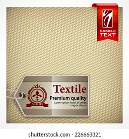 Stitch label with text on textile seamless pattern, vector illustration