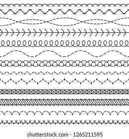 Stitch Lines. Stitched Seamless Pattern Threading Borders Sewing Stripe Fabric Thread Zigzag Edges Sew Embroidery Textile Vector Concept