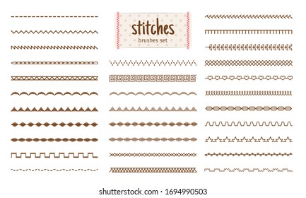 Stitch set. Fabric stitches textures isolated on white background, embroidery sewing threads details, machine sew line pattern elements vector illustration