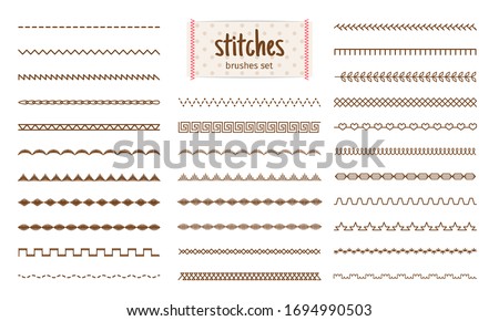 Stitch set. Fabric stitches textures isolated on white background, embroidery sewing threads details, machine sew line pattern elements vector illustration