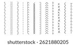 Stitch sewing machine, embroidery stitch border line zig zag hatch. Geometric fabric needlework, thread sew brushes, sewing seams. 