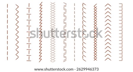 Stitch sewing machine, embroidery stitch border line zig zag hatch. Geometric fabric needlework, thread sew brushes, sewing seams. 