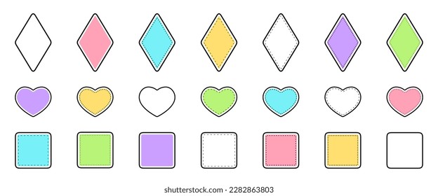 Stitch sticker design set. Abstract graphic patch. Modern element label badge for colorful packaging. Geometric form and frame different shapes. Vector illustration