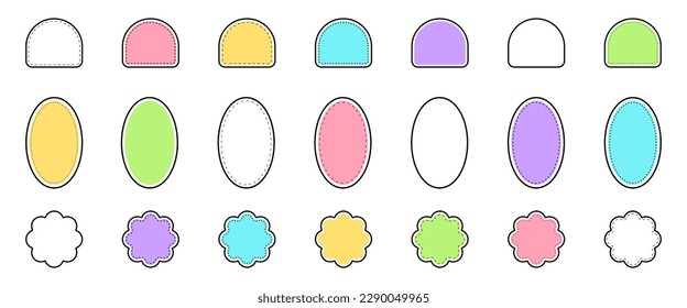Stitch sticker design set. Abstract graphic patch. Modern element label badge for colorful packaging. Geometric form and frame different shapes. Vector illustration