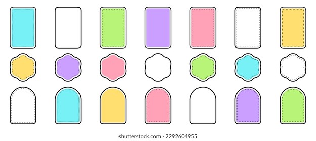 Stitch sticker design set. Abstract graphic patch. Modern element label badge for colorful packaging. Geometric form and frame different shapes. Vector illustration