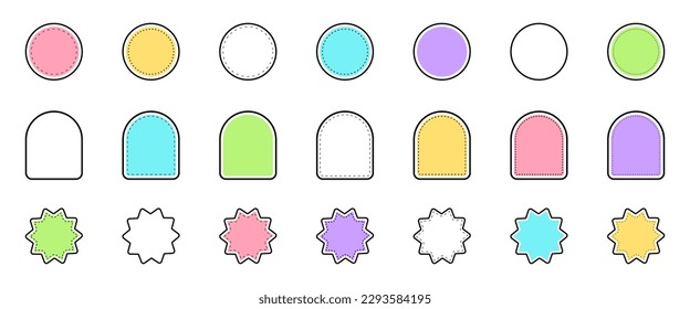 Stich Aufkleber Design Set. Abstrakter grafischer Patch. Modernes Etikettenschild für bunte Verpackungen. Geometrische Form und Rahmen verschiedener Formen. Vektorgrafik