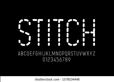 Stitch Style Font, Stitched Alphabet Letters And Numbers, Vector Illustration