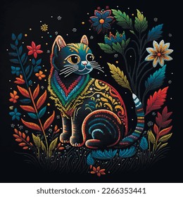 Stitch textured tapestry colorful ornamental cat with flowers. Ethnic style floral embroidery pattern background illustration with bright stitching cat. Embroidered flowers, leaves. Sritch texture.