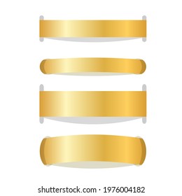 Stitch thread 3D set. Gold sew seam isolated white background. Bright golden ribbon stripe. Embroidery handmade border, frame. Strip handwork. Loop decor sewing. Decoration design. Vector illustration