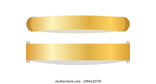 Stitch thread 3D set. Gold sew seam isolated white background. Bright golden ribbon stripe. Embroidery handmade border, frame. Strip handwork. Loop decor sewing. Decoration design. Vector illustration