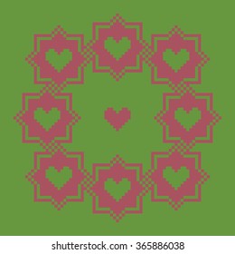 Stitch wreath pattern with hearts. Pink frame on a green background for Valentine's Day. Vector illustration